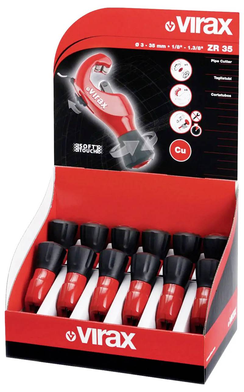Boîte d'affichage de coupe-tubes Virax, montrant des coupe-tubes rouges et noirs disposés verticalement dans un emballage étiqueté « Virax » et « ZR 35 ».