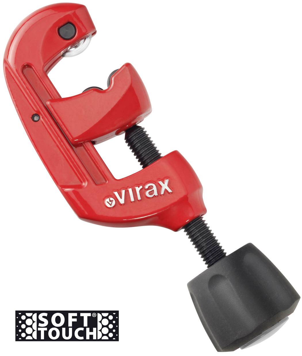 Coupe-tube Red Virax avec bouton d'ajustement noir sur fond blanc, avec l'étiquette « SOFT TOUCH » en dessous.