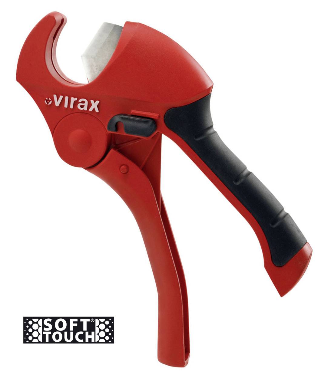 Coupe-tuyau Red Virax avec poignée et lame noires, présenté sur fond blanc avec l'étiquette « SOFT TOUCH ».
