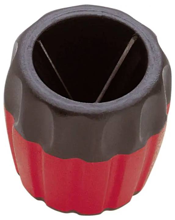 Tasse cylindrique rouge et noire avec un sommet ouvert et deux séparateurs intérieurs diagonaux, présentée sur un fond blanc uni.