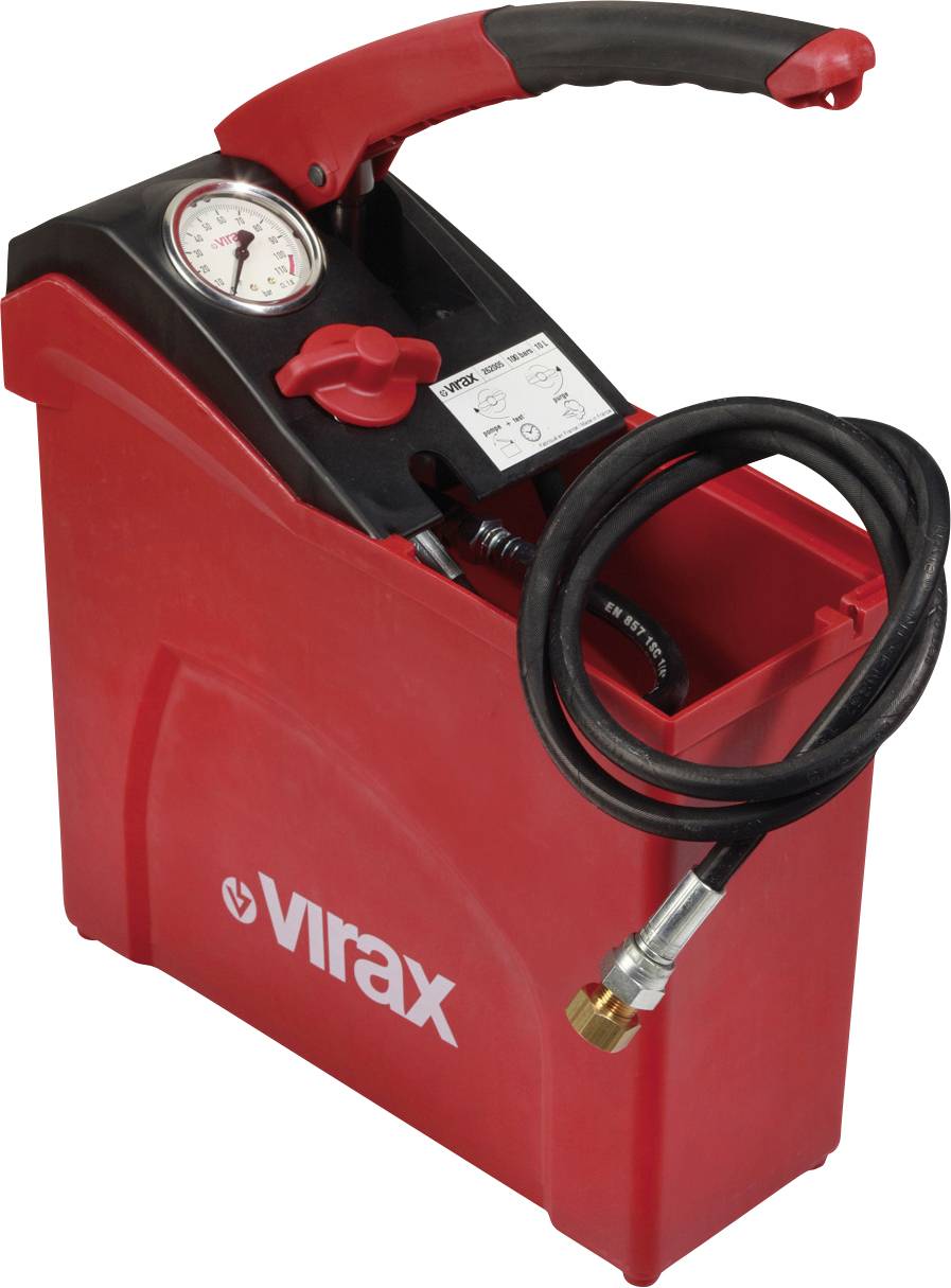 Pulvérisateur de pression portable Red ViraX avec poignée de pompe, manomètre et tuyau enroulé, présenté sur un fond blanc.