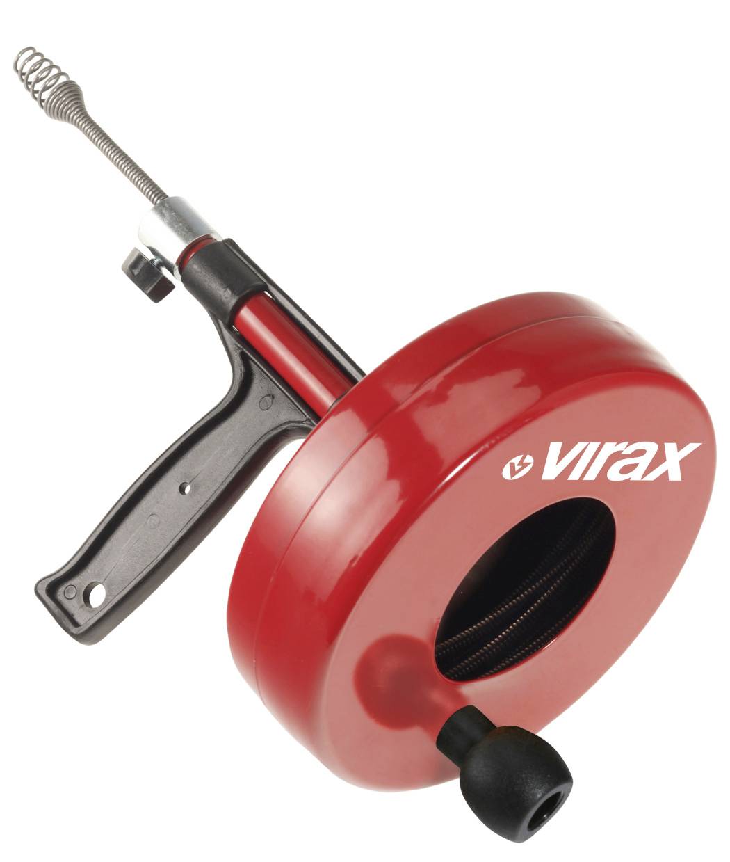 Outil de nettoyage de tuyauterie Red Virax avec manivelle manuelle, poignée noire et tête ressort enroulé sur fond blanc.