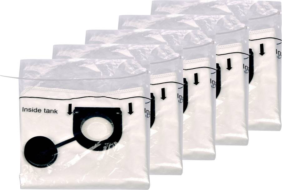 Cinq sacs d'aspirateur alignés en rangée, avec une flèche et un design circulaire indiquant « Intérieur du réservoir » pour guider l'insertion.