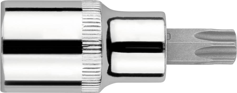 Un embout de douille chromé brillant avec un embout en forme d'étoile, utilisé pour serrer des vis ou des boulons, sur un fond uni.