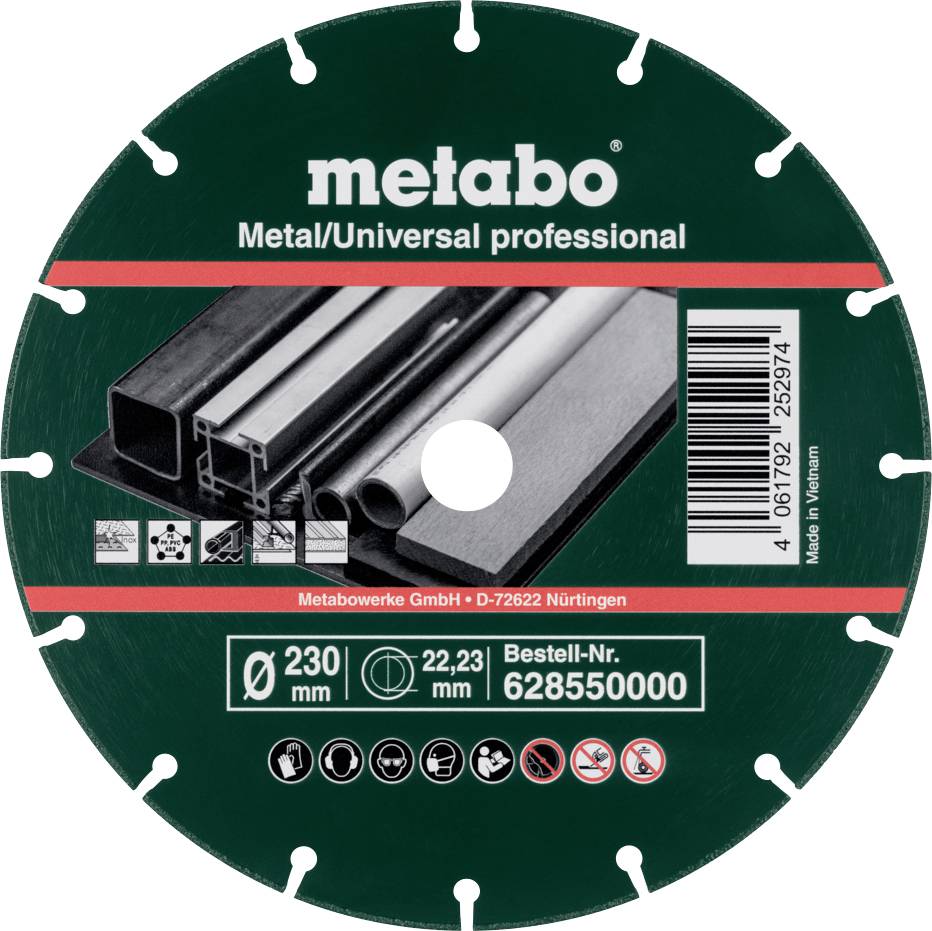 Une lame de scie circulaire verte étiquetée « Metabo Metal/Universal professionnel » pour la coupe de métal, taille 230 mm, avec détails du produit et code-barres.