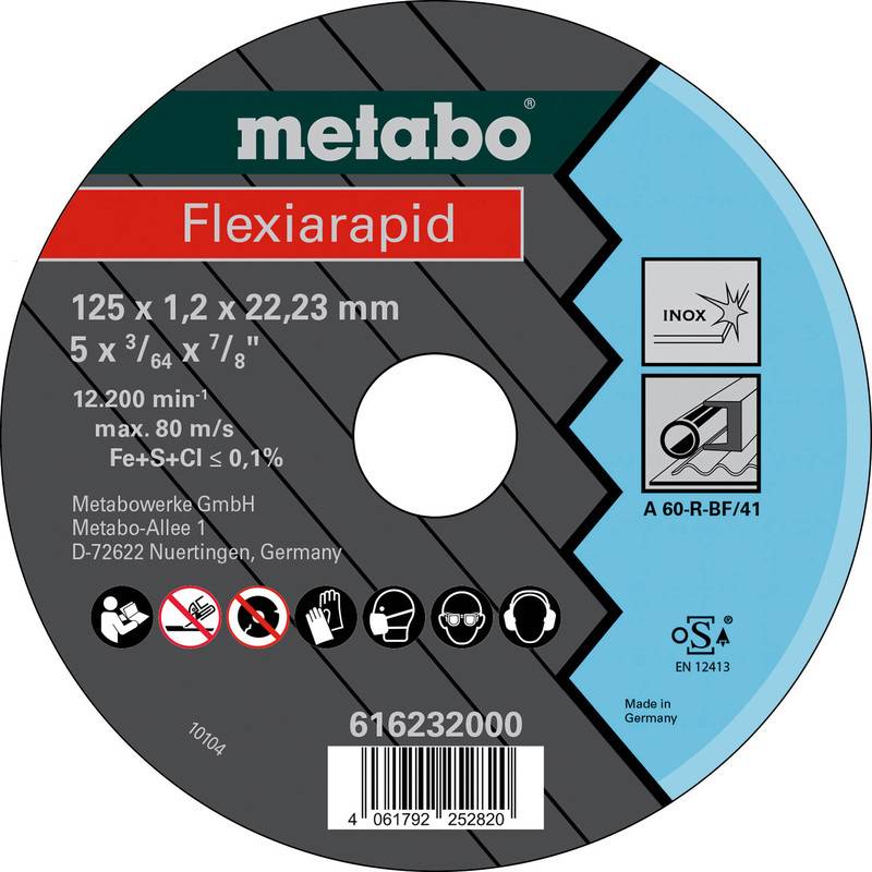 Étiquette de disque abrasif Metabo Flexiarapid circulaire indiquant la taille 125 x 1,2 x 22,23 mm, pour inox, avec pictogrammes de sécurité, code-barres et numéro de produit 616232000.