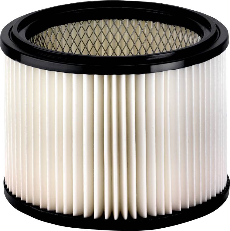 Un filtre à air cylindrique en papier blanc plissé, encapsulé dans un boîtier en plastique noir.