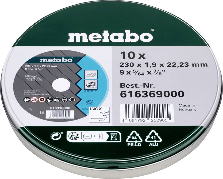 Disque de coupe 'Metabo' pour métal, dimensions 230 x 1,9 x 22,23 mm, lot de 10. Numéro de modèle 616369000. Fabriqué en Hongrie.