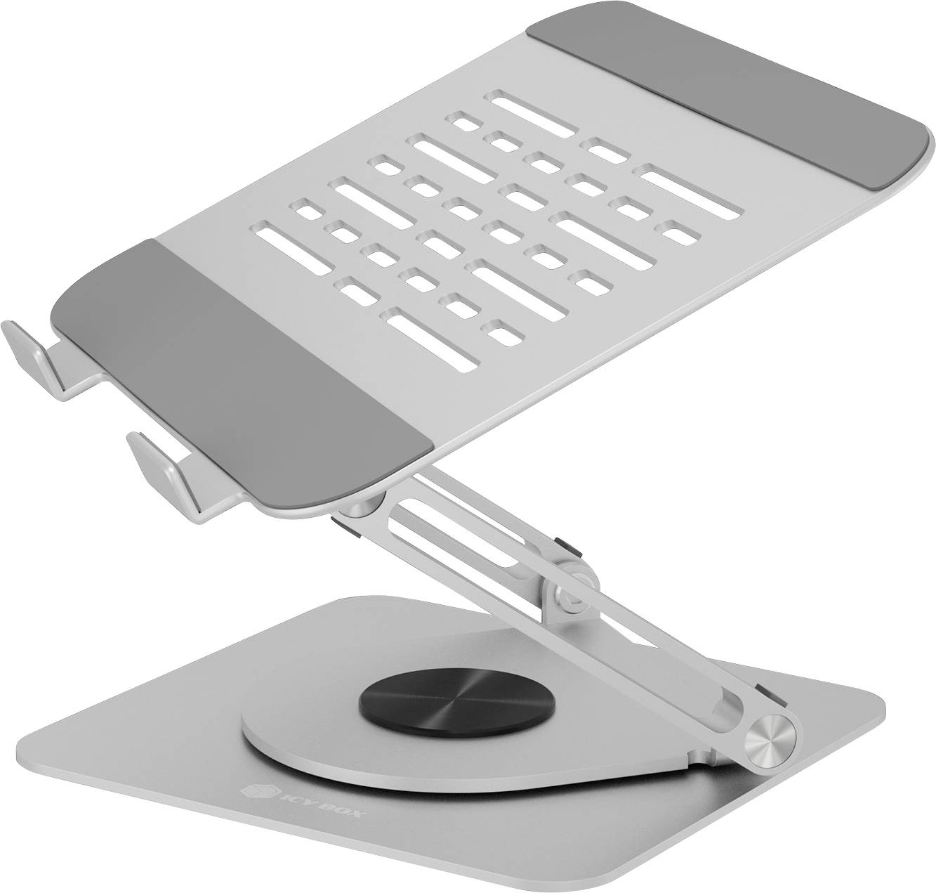 Support de portable réglable avec un cadre métallique, surface ventilée pour le refroidissement et une base pivotante pour la rotation. Design gris et argenté.
