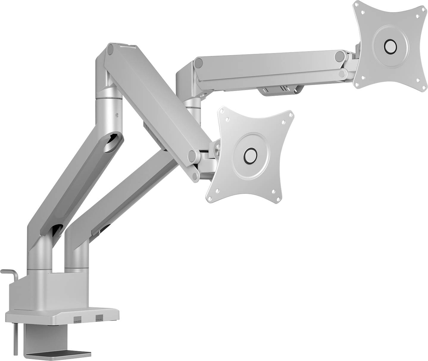 Un support de moniteur à deux bras avec des bras réglables, conçu pour supporter deux écrans côte à côte, améliorant la flexibilité de l'espace de travail.