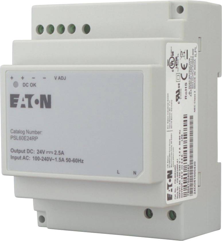 Bloc d'alimentation CC 'EATON', modèle PSL60E24RP, caractéristiques : Sortie CC - 24V 2,5A ; Entrée CA - 100-240V 1,5A 50-60Hz.