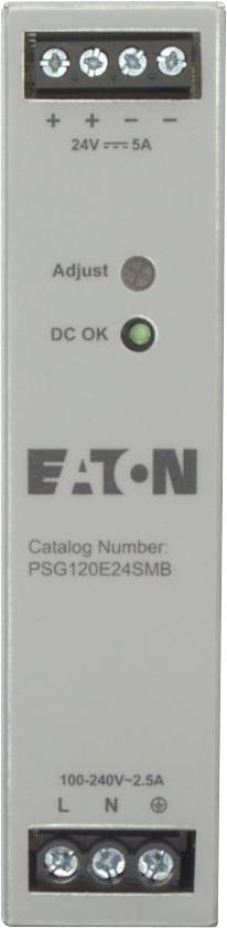 Bloc d'alimentation vue de face avec étiquettes : « EATON », numéro de catalogue « PSG120E24SMB », sortie « 24V/5A », entrée « 100-240V~2,5A », indicateur « DC OK ».