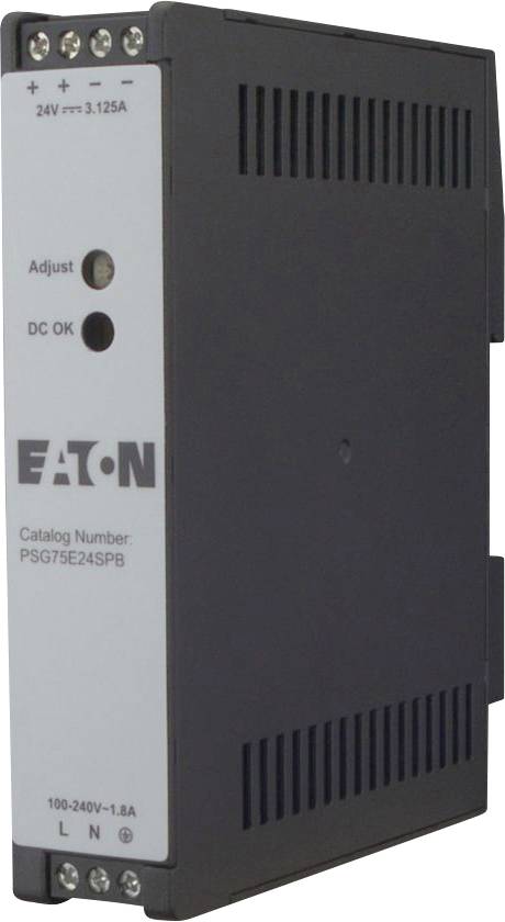 Unité d'alimentation Eaton étiquetée '24V 3,125A' et 'Numéro de catalogue : PSG75E24SPB', équipée d'un bouton de réglage et d'un indicateur 'DC OK'.