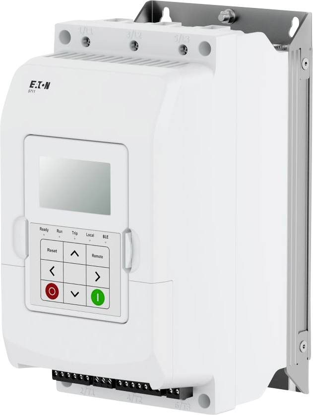 Un dispositif électrique blanc avec un affichage numérique et des boutons de commande d'Eaton, probablement un composant encastrable utilisé dans des applications industrielles.