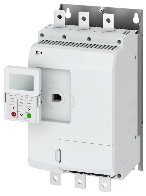 Un disjoncteur électronique doté d'un panneau de contrôle numérique. L'appareil possède trois ports de connexion en haut et un support de montage.