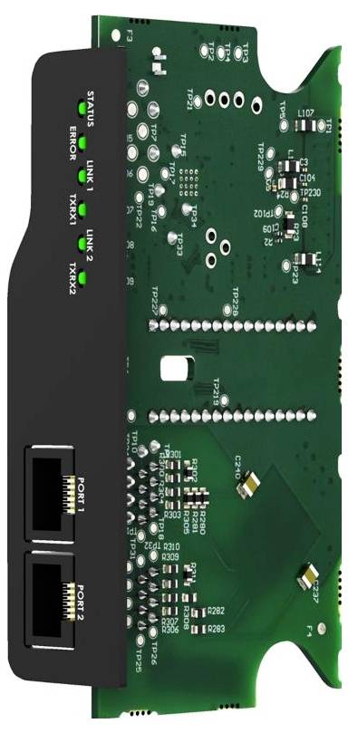 Une carte de circuit imprimé verte avec deux ports Ethernet étiquetés « PORT 1 » et « PORT 2 » sur la gauche. Des LED indiquent le statut : alimentation, SYS, WAN, LAN.