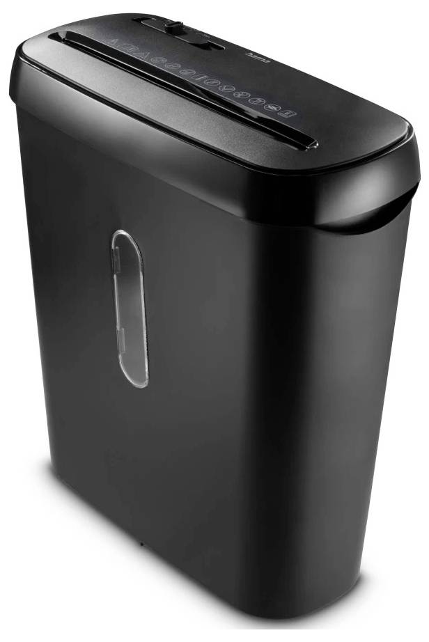 Un destructeur de documents noir avec une fente sur le dessus et une fenêtre transparente sur le côté permettant de voir le contenu.