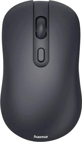 Une souris d'ordinateur sans fil noire avec une molette de défilement et un bouton en dessous. Le nom de marque « Hama » est imprimé sur le dessous.