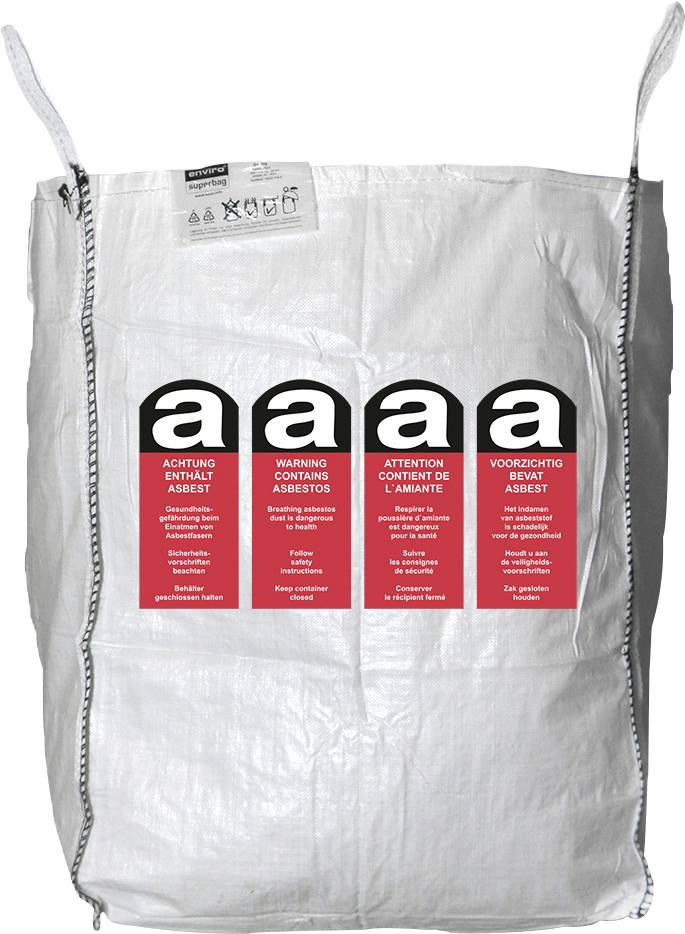 Un grand sac blanc étiqueté avec des avertissements rouges, « Avertissement Contient de l'Amiante », en plusieurs langues, indiquant le contenu de matériaux dangereux.