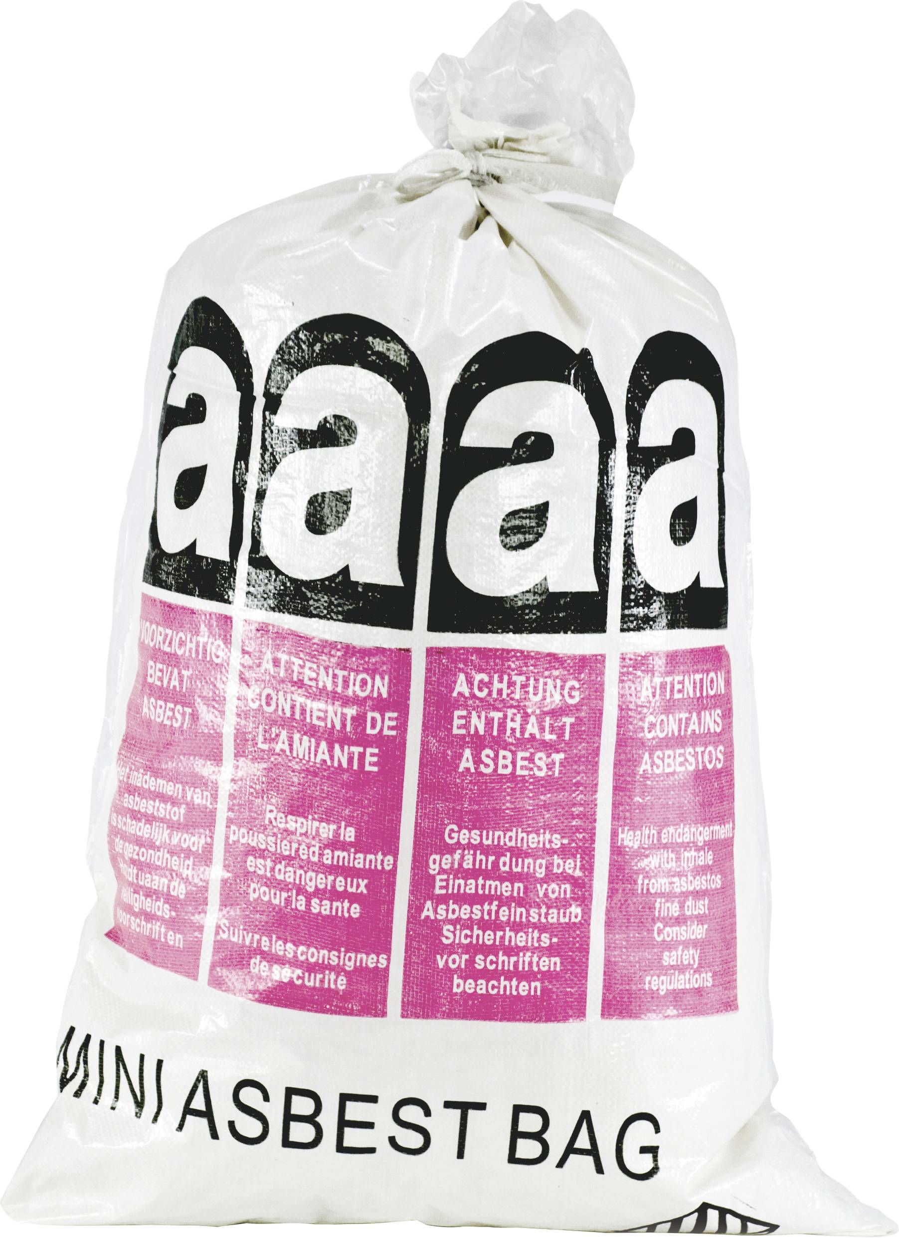 Un sac blanc étiqueté « Attention contient de l'amiante » dans plusieurs langues. Il est destiné à l'élimination en toute sécurité des matériaux contenant de l'amiante.
