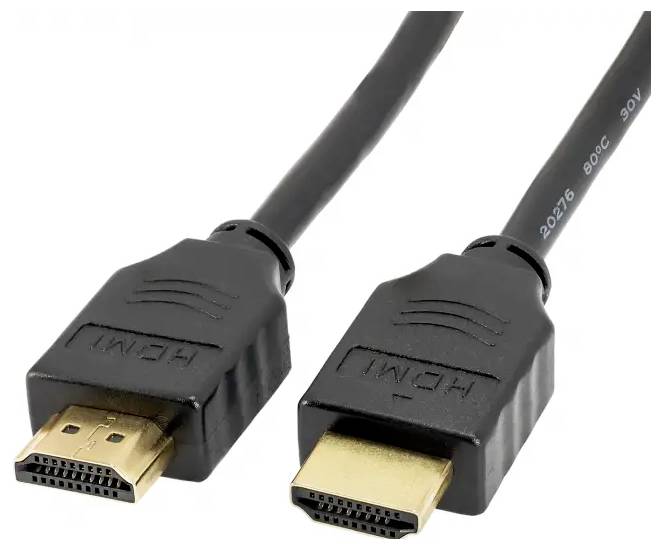 Deux câbles HDMI noirs avec une extrémité montrant le connecteur mâle. Utilisés pour le transfert audio et vidéo haute définition entre les appareils.