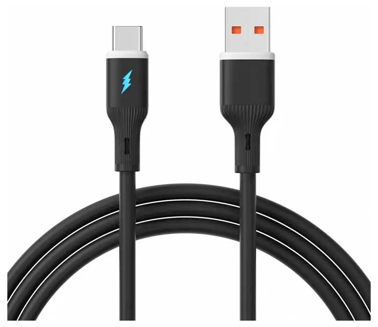 Un câble noir USB-C vers USB-A, présentant un symbole de foudre bleu sur l'extrémité USB-C, enroulé avec les connecteurs orientés vers le haut.