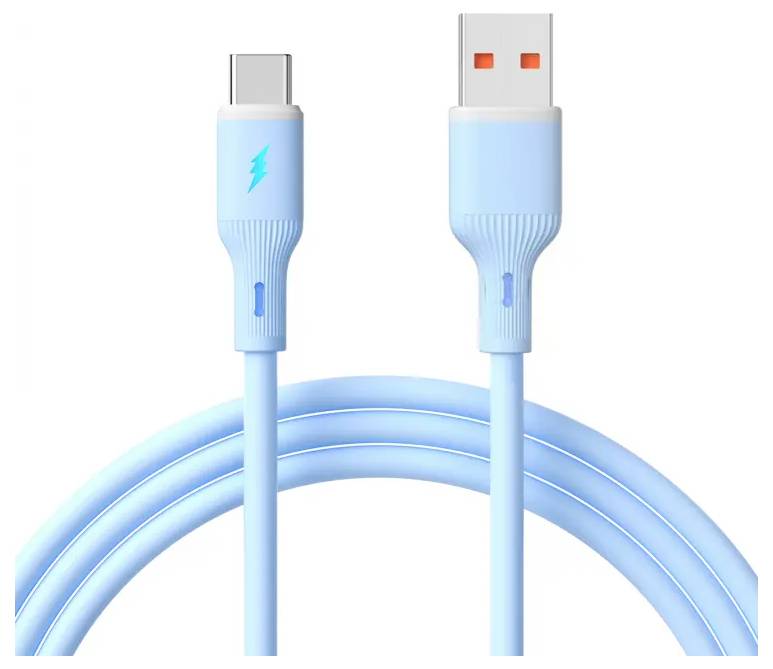 «Un câble de charge bleu USB-C vers USB-A avec une icône de foudre sur l'extrémité USB-C, indiquant la capacité de charge rapide.»