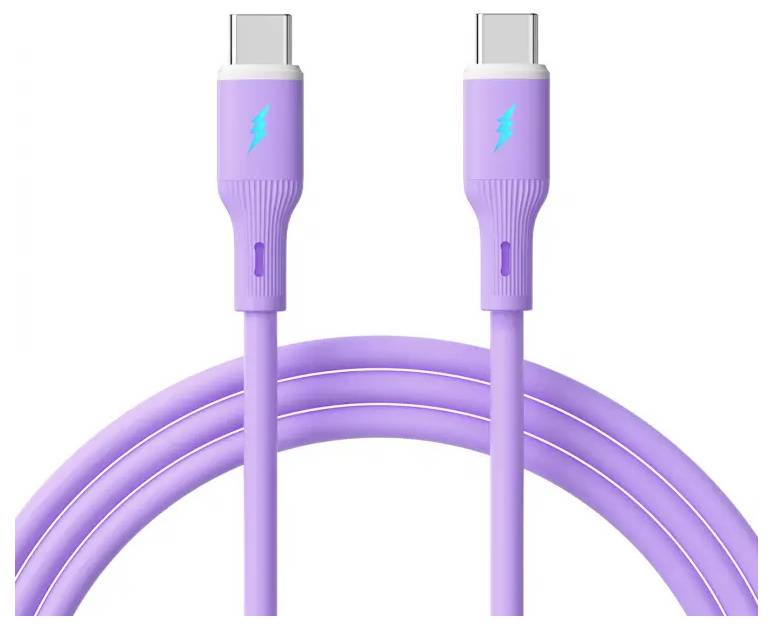Câble USB-C vers USB-C de couleur lavande avec des icônes de foudre bleues sur les connecteurs, indiquant une capacité de charge rapide.