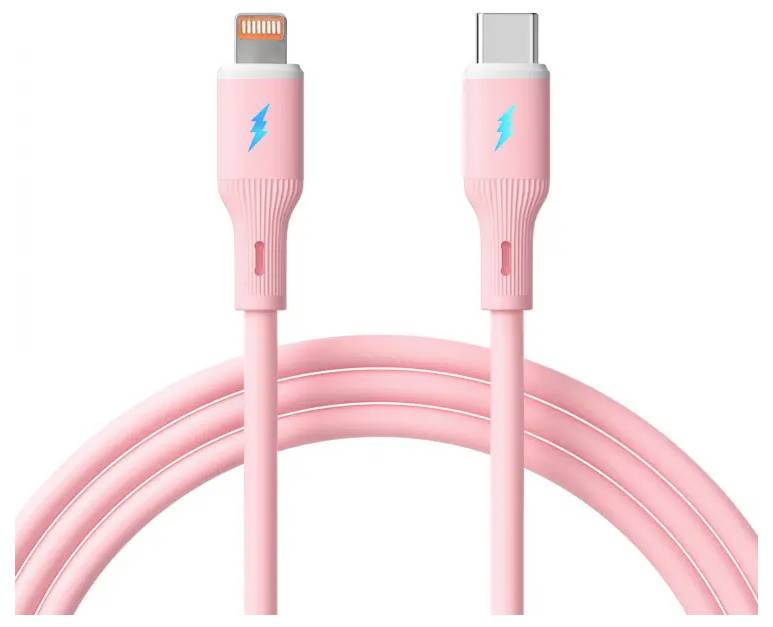 Un câble rose avec un connecteur USB-C à une extrémité et un connecteur Lightning à l'autre, tous deux arborant un symbole de foudre bleu.