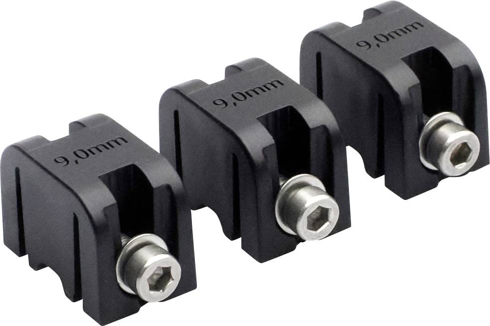 Trois colliers de serrage noirs pour câbles, chacun gravé avec '9,0 mm', alignés en rangée, présentant un boulon hexagonal visible à la base.