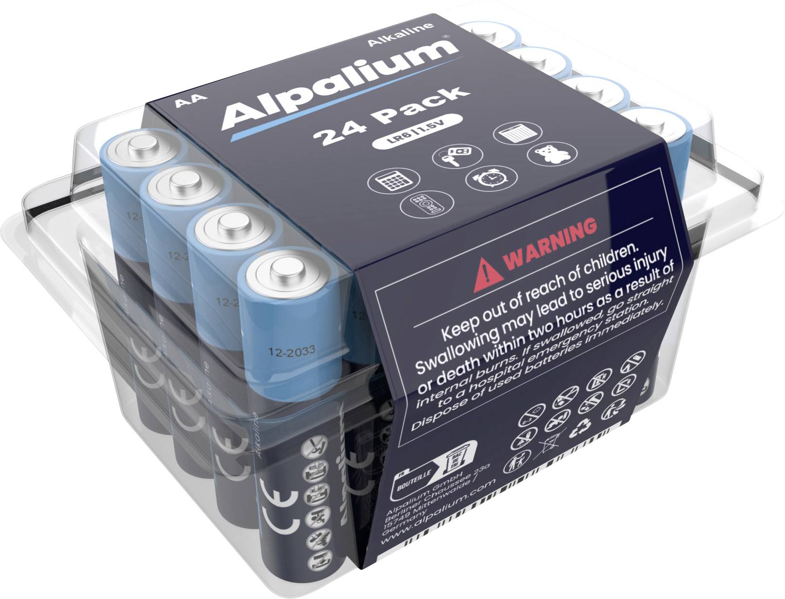 Un paquet de 24 piles alcalines AA Alpalium dans un emballage transparent. L'étiquette d'avertissement met en garde contre l'ingestion en raison du risque de blessure.