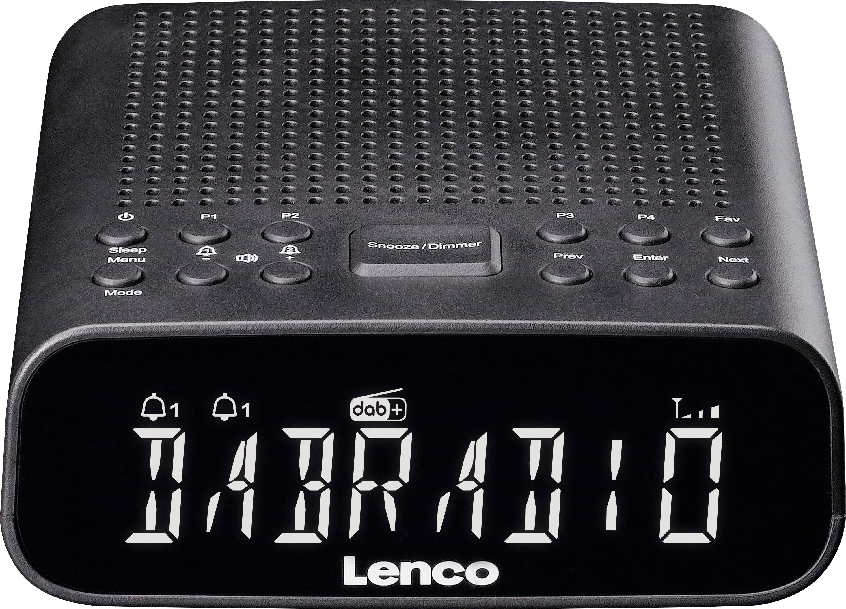Un poste de radio-réveil numérique noir avec affichage LED montrant '07:30'. Doté de boutons pour la mise en veille, le menu et le réglage des stations.