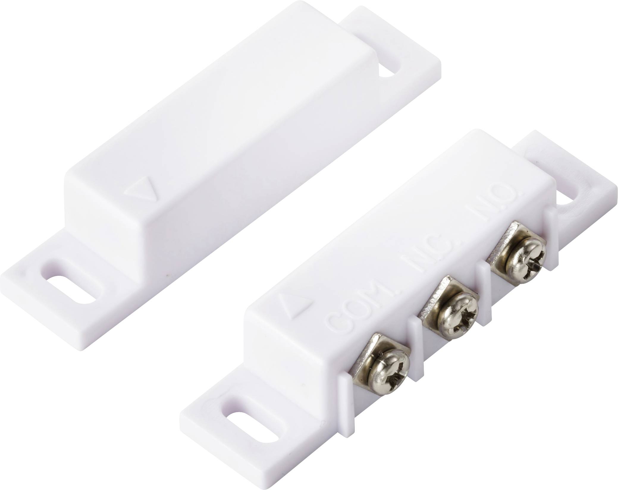 Deux contacts magnétiques blancs avec bornes, utilisés pour détecter les ouvertures de portes ou de fenêtres dans les systèmes de sécurité.