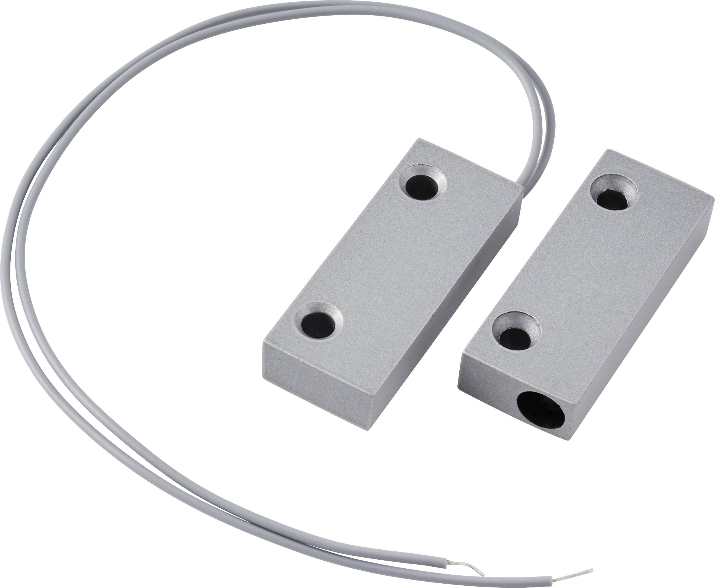Capteur magnétique avec boîtier métallique rectangulaire et câble de connexion, utilisé dans les systèmes de sécurité pour détecter l'ouverture de portes ou de fenêtres.