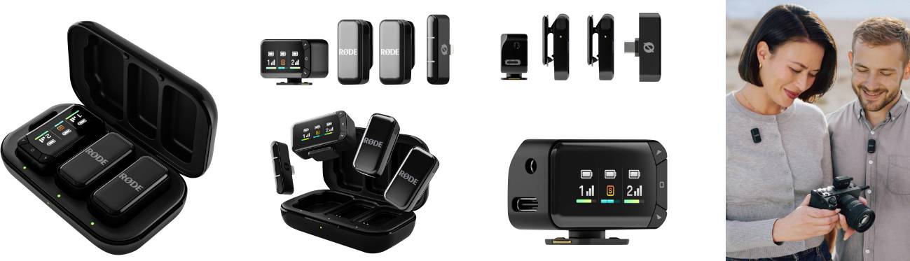 Ensemble de microphone avec un boîtier de charge compact, plusieurs émetteurs, récepteurs et un écran. Un couple souriant utilise le set à l'extérieur.