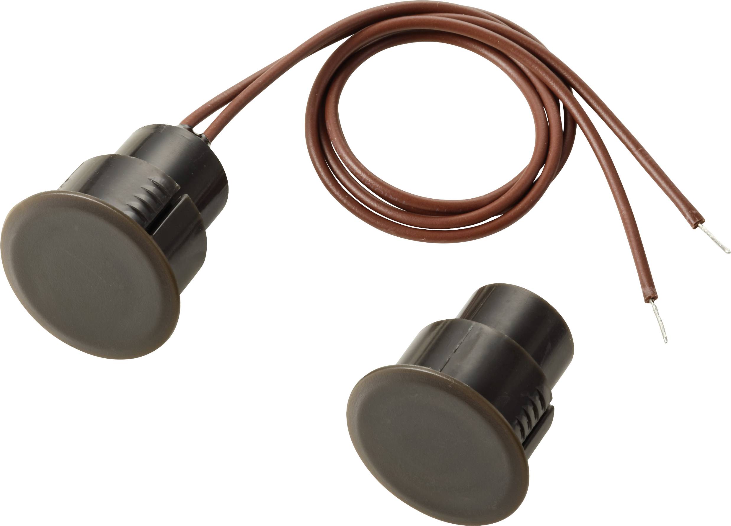 Deux capteurs cylindriques noirs avec des fils marron attachés positionnés sur un fond clair.