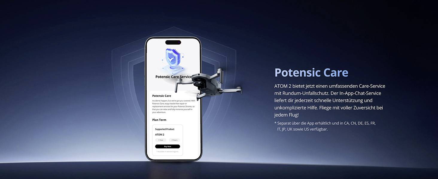 Un smartphone affichant l'application 'Potensic Care' est posé à côté d'un drone. Un texte en allemand sur la droite explique les détails du service pour le Potensic ATOM 2.