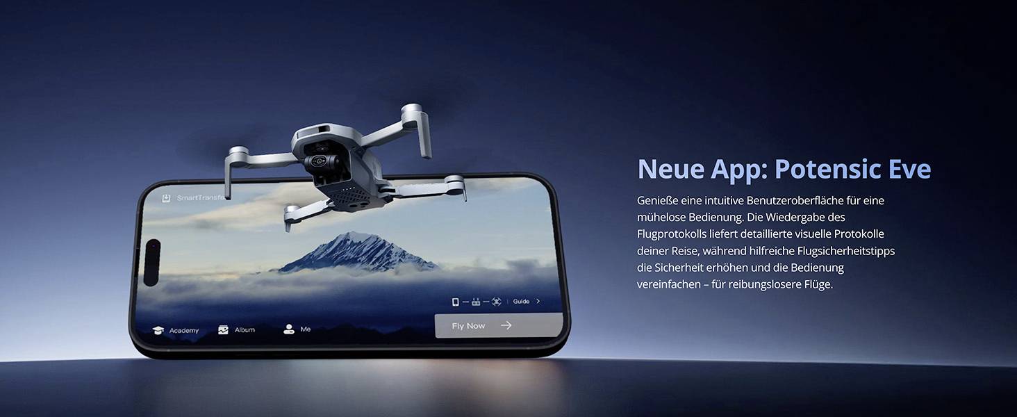Un smartphone avec un drone volant au-dessus montre une montagne sur son écran. Le texte en allemand fait la promotion de la « Nouvelle App : Potensic Eve. »