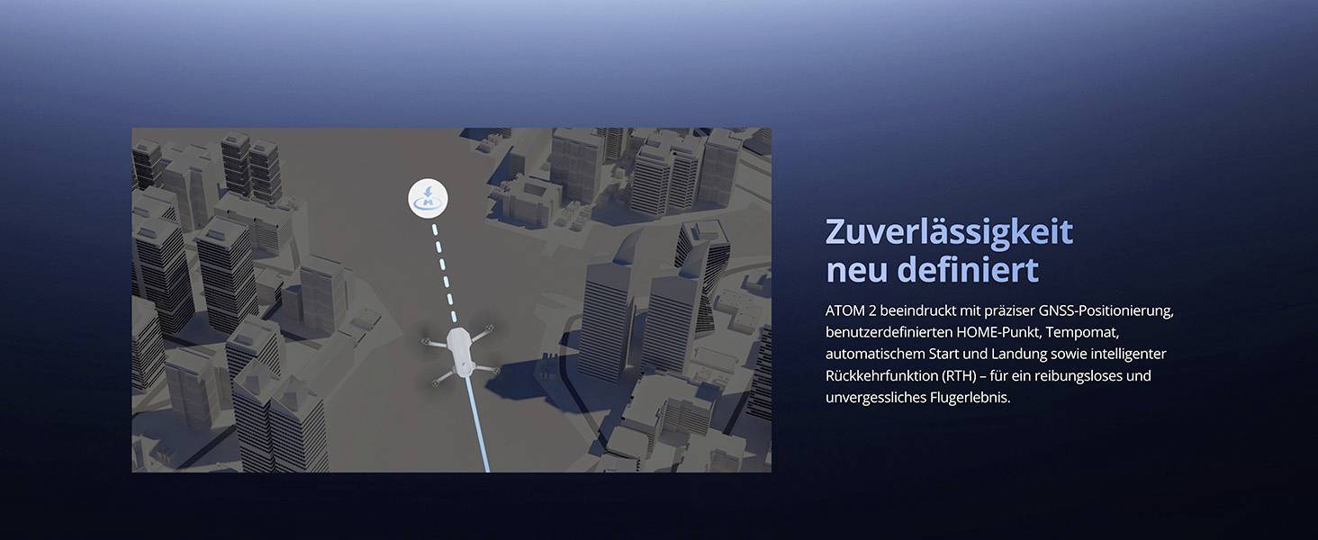 Un graphique 3D montre un avion naviguant au-dessus d'une ville avec une ligne pointillée indiquant sa trajectoire. Le texte indique « Zuverlässigkeit neu definiert », mettant l'accent sur le positionnement GNSS fiable.
