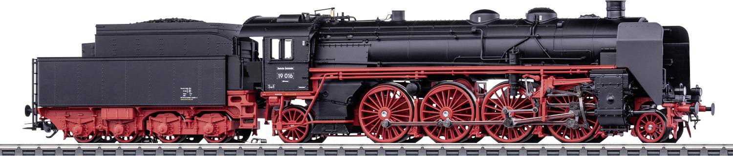 Une locomotive à vapeur vintage en noir et rouge avec des roues détaillées et des mécanismes visibles, reposant sur des rails, mettant en valeur un design d'ingénierie complexe.