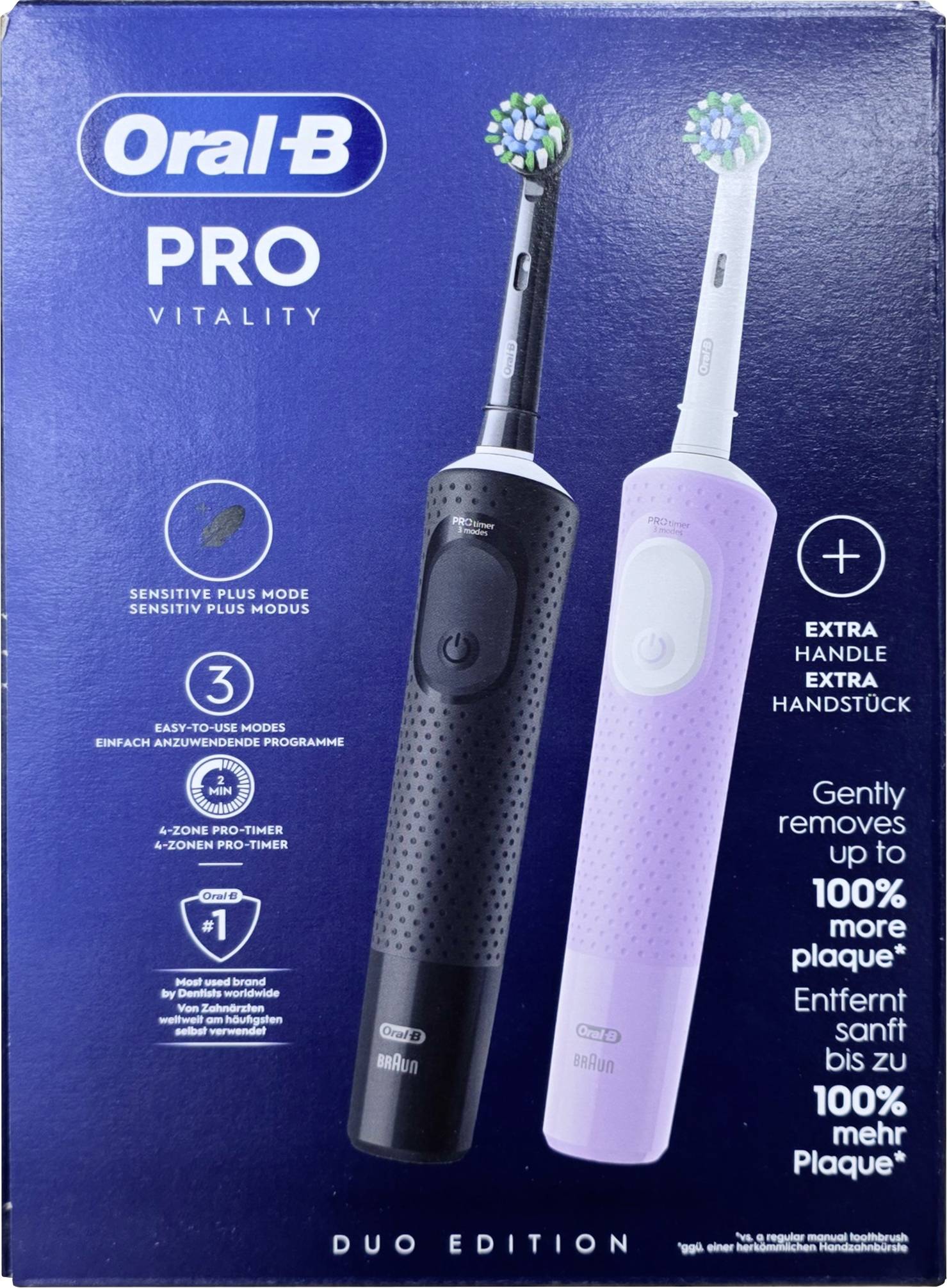 Boîte 'Oral-B PRO VITALITY DUO EDITION' présentant deux brosses à dents électriques, l'une noire et l'autre rose, dotées d'un mode sensible et d'une fonction d'élimination de la plaque dentaire.