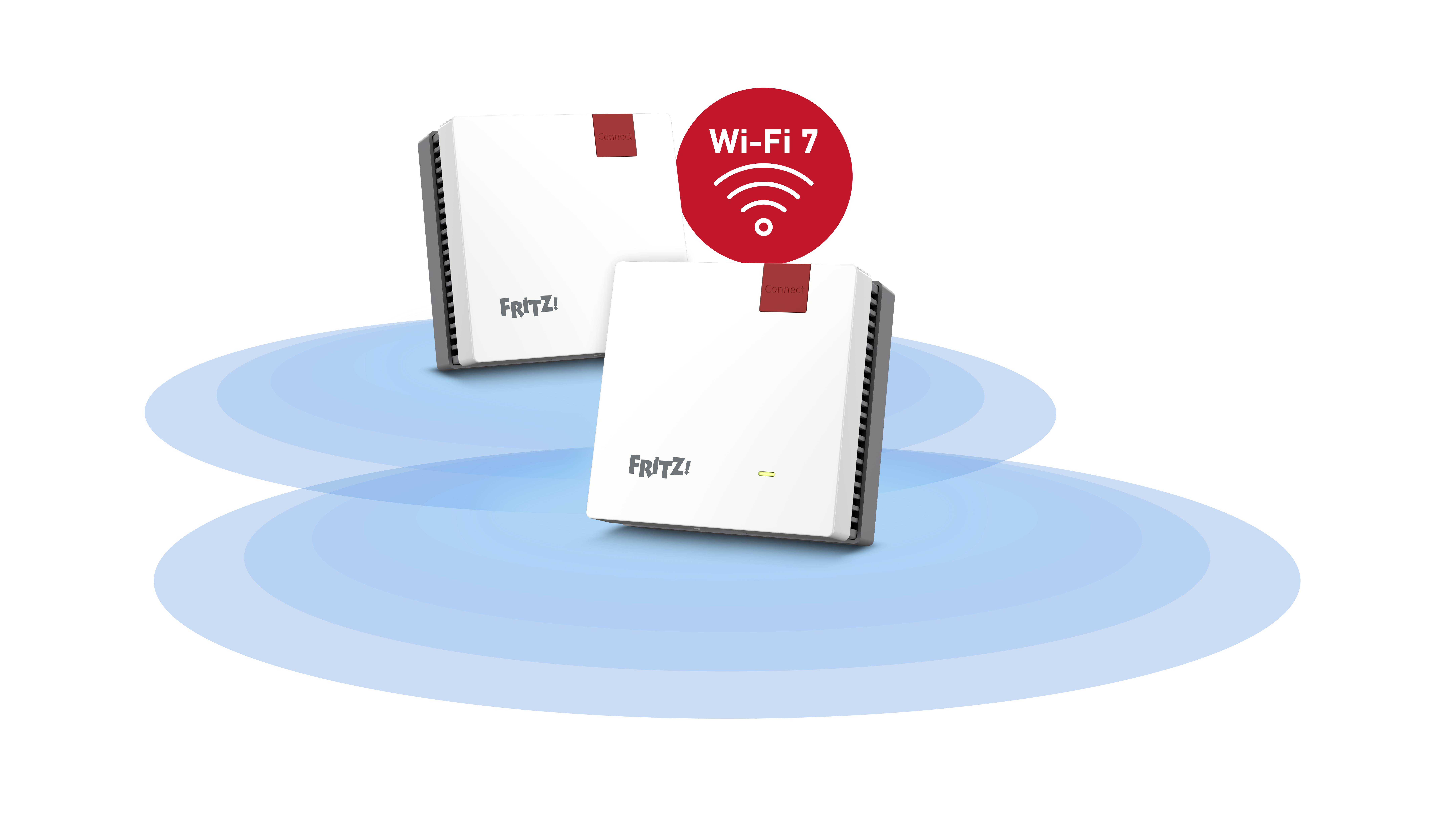 Deux routeurs étiquetés 'Fritz!Box' avec une icône rouge 'Wi-Fi 7' au-dessus, signifiant une technologie sans fil améliorée.