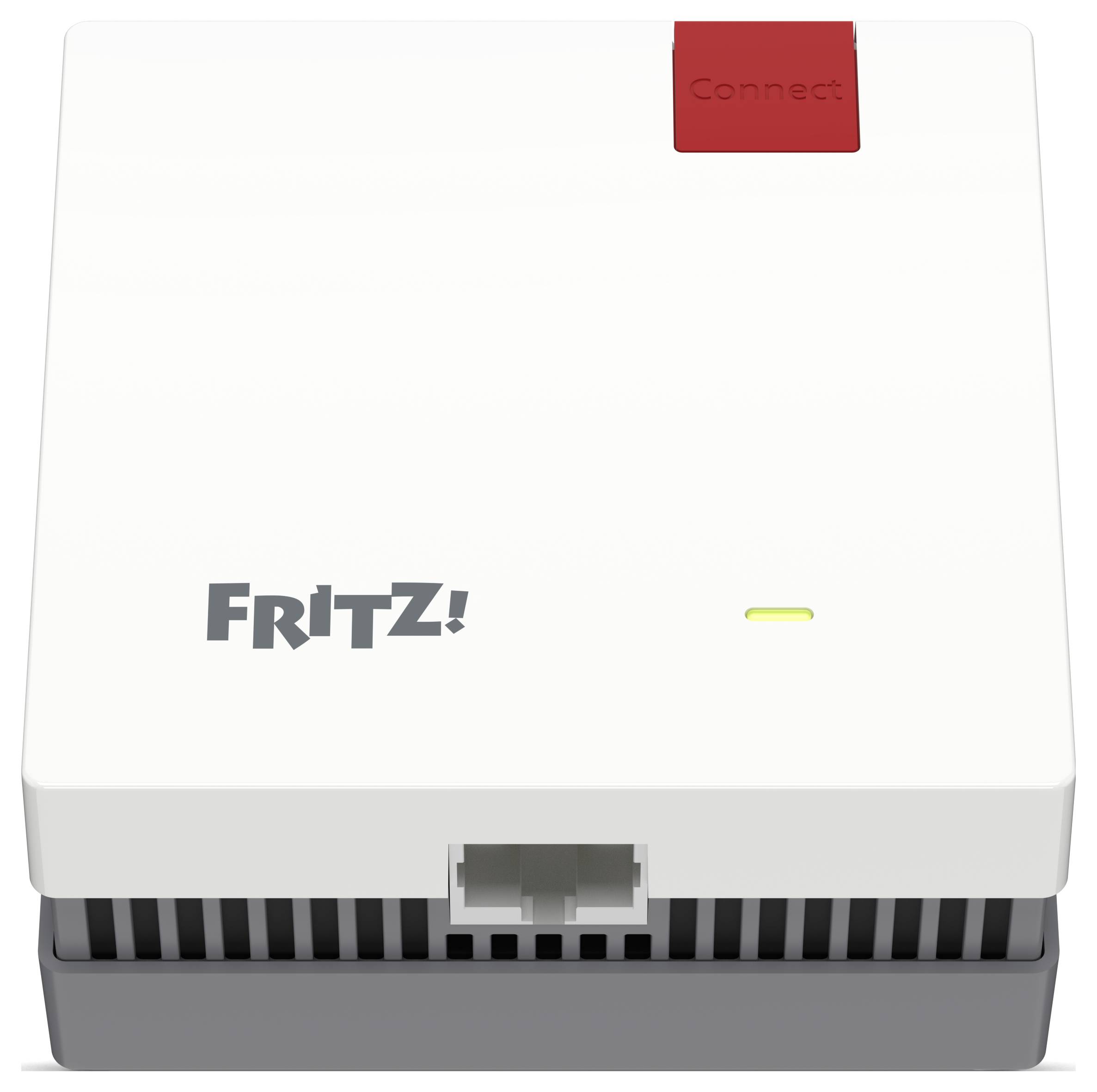 Un périphérique électronique FRITZ! blanc avec un bouton rouge 'Connect' et un port sur le dessous, utilisé pour la connectivité internet.