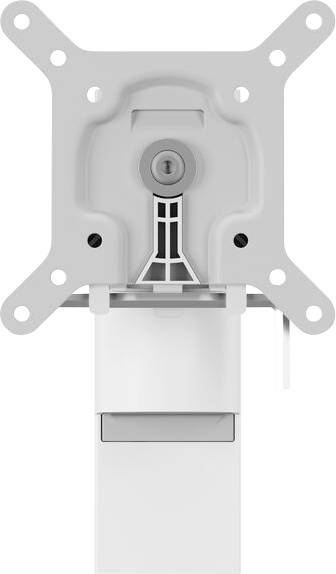 Un support de montage avec une plaque carrée comportant quatre trous aux coins et une fente centrale en forme de trou de serrure, utilisé pour fixer des appareils ou des écrans.