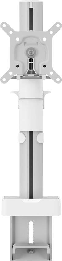 Support de moniteur blanc, réglable, conçu pour un montage sécurisé. Les caractéristiques comprennent un rail vertical, un mécanisme d'inclinaison et une base robuste.