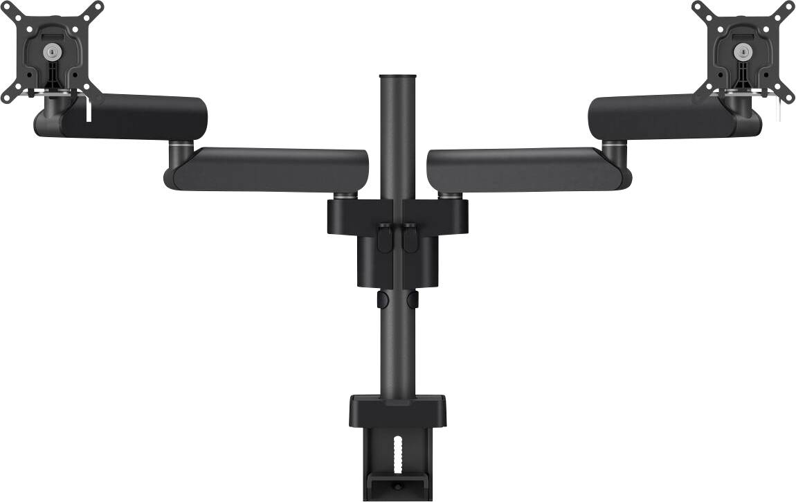 Support de moniteur double avec bras articulés ajustables, conçu pour maintenir deux écrans côte à côte. Doté d'une pince robuste pour fixation sur bureau.