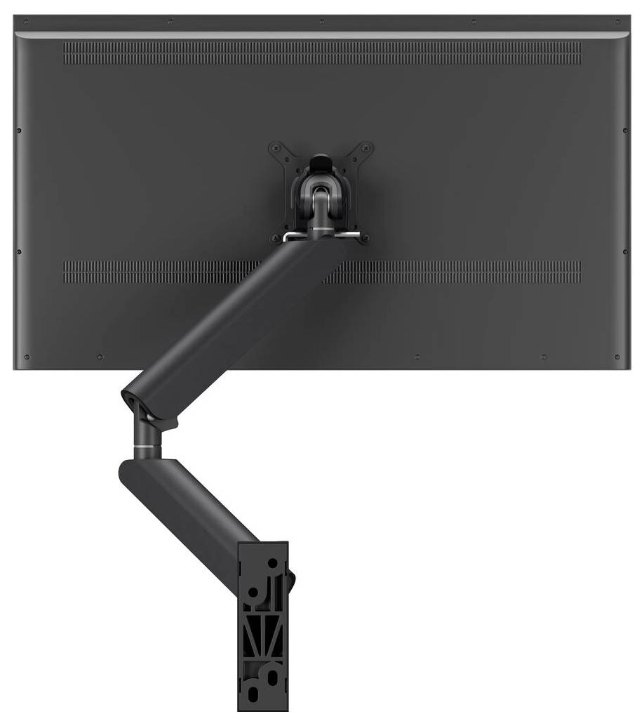 A black monitor attached to an adjustable arm, viewed from the back. The arm allows the monitor to be positioned at various angles.