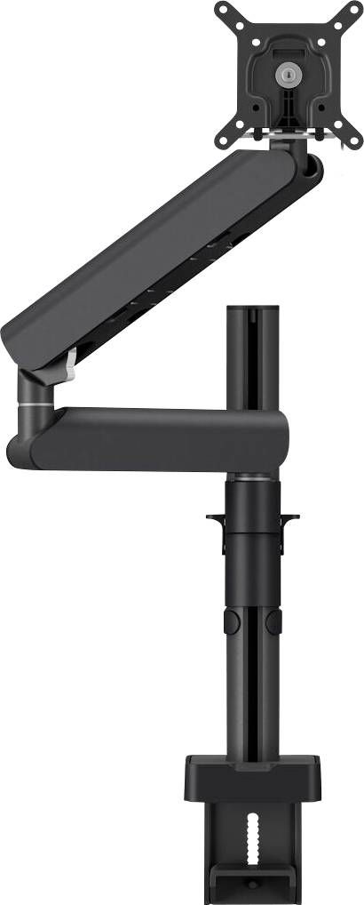 Bras de support réglable pour moniteur de bureau, doté d'une rotule pivotante et d'une base à pince, permettant des ajustements en hauteur et en angle, idéal pour des configurations ergonomiques.