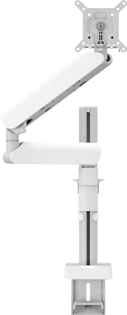 Un bras de support réglable blanc pour écran, doté de plusieurs articulations et d'une pince de fixation pour installation sur un bureau.