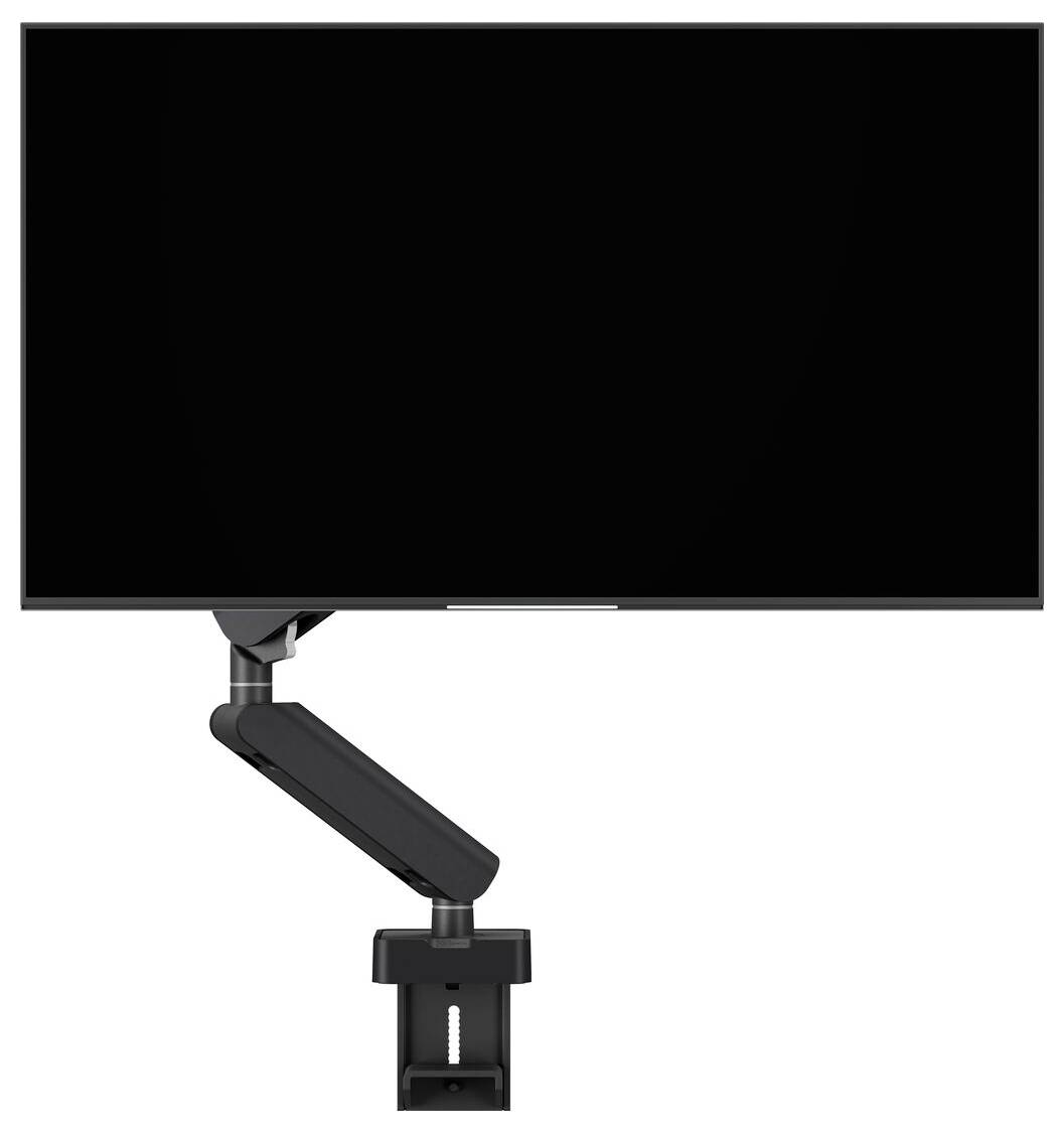 A computer monitor mounted on an adjustable arm stand, set against a plain background.